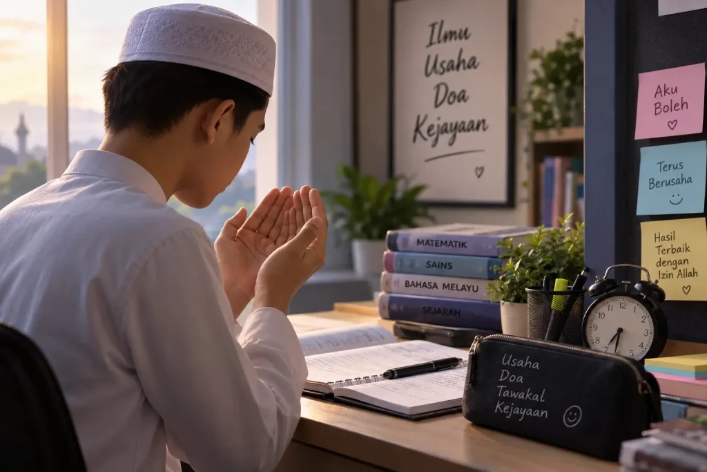 Pelajar berdoa ketika menghadapi peperiksaan untuk memohon ketenangan dan kejayaan