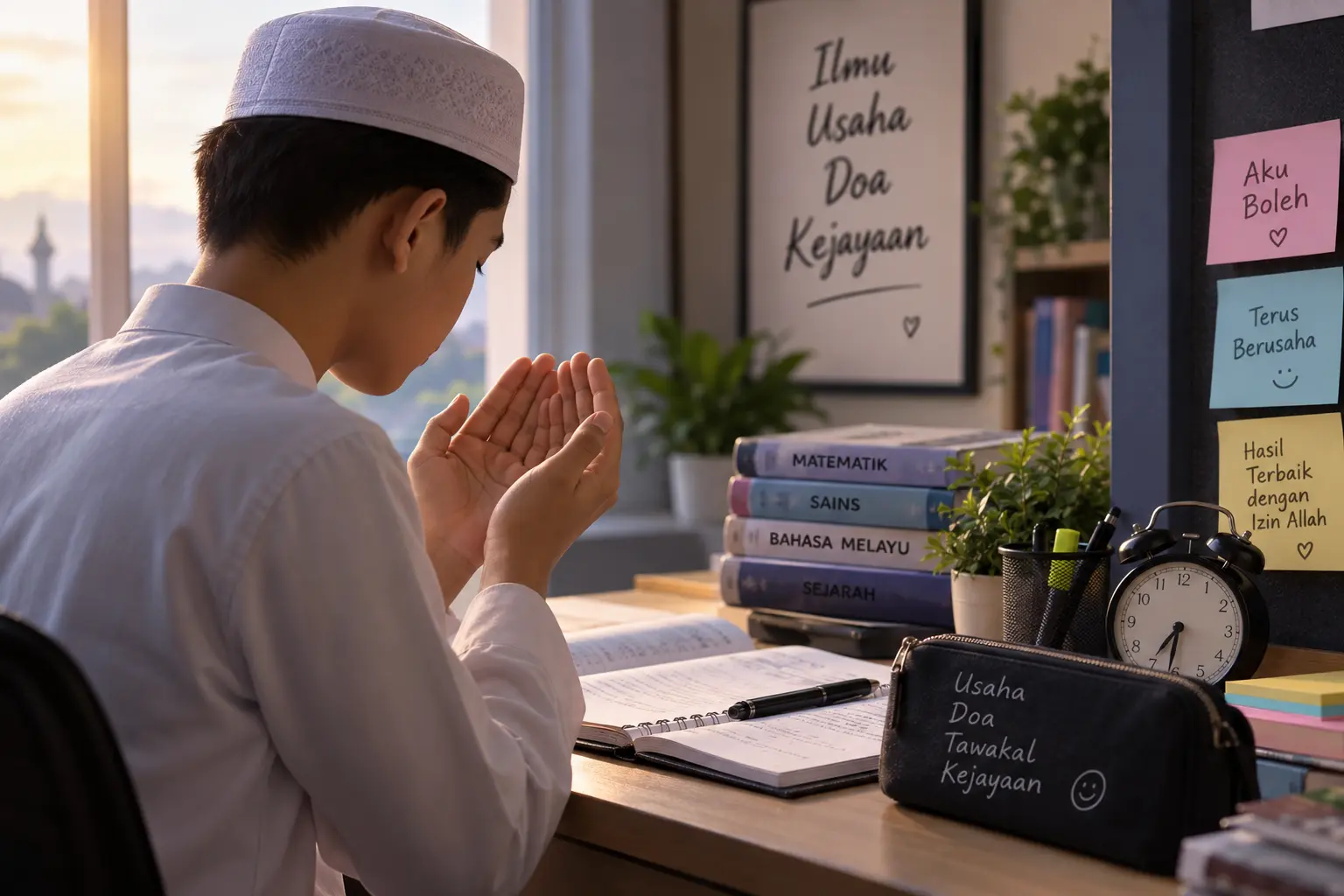 Pelajar berdoa ketika menghadapi peperiksaan untuk memohon ketenangan dan kejayaan