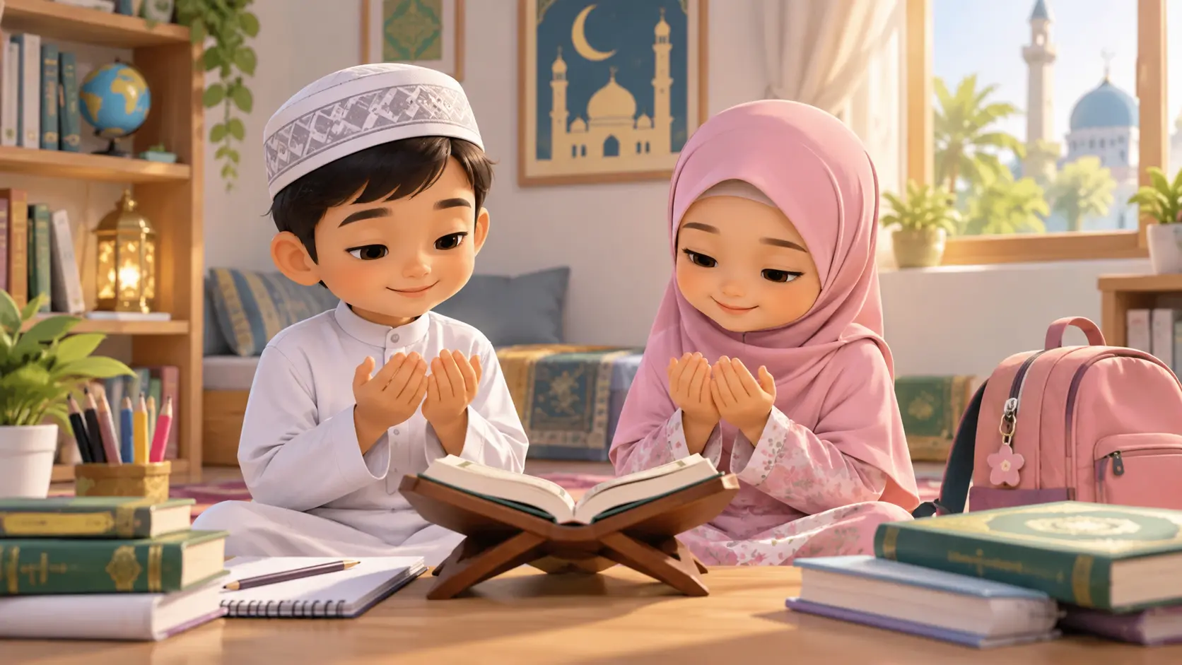 Kanak-kanak Muslim membaca doa harian bersama sambil belajar