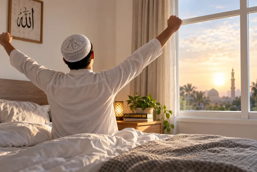 Lelaki Muslim bangun tidur pada waktu pagi sambil mengamalkan doa bangun tidur