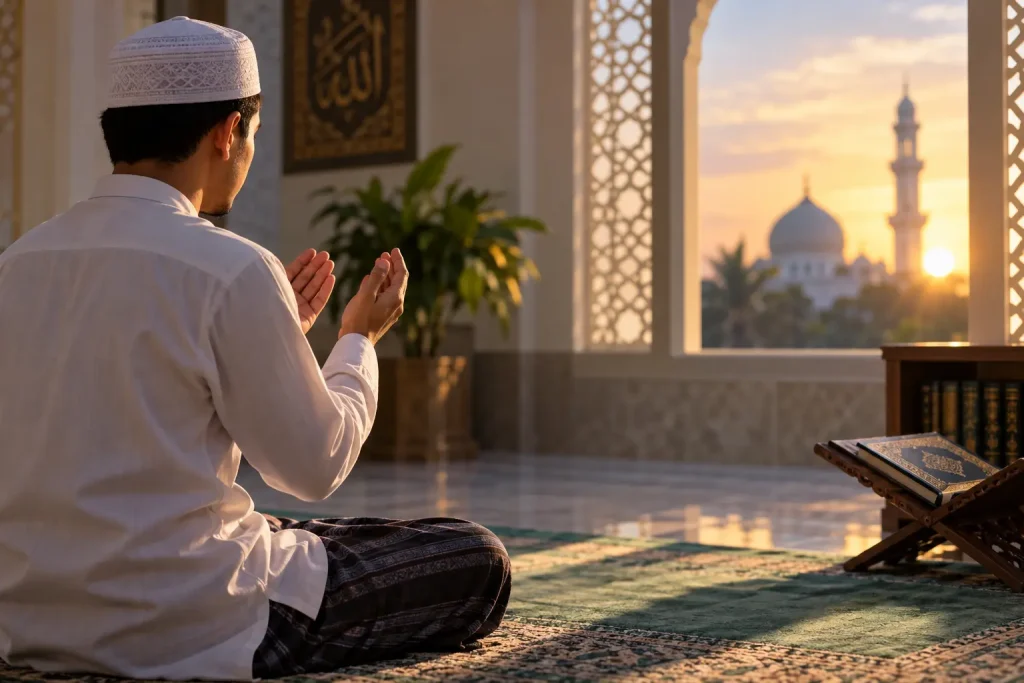 Lelaki membaca doa selepas solat di dalam masjid