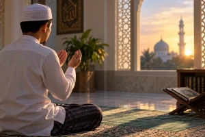 Lelaki membaca doa selepas solat di dalam masjid