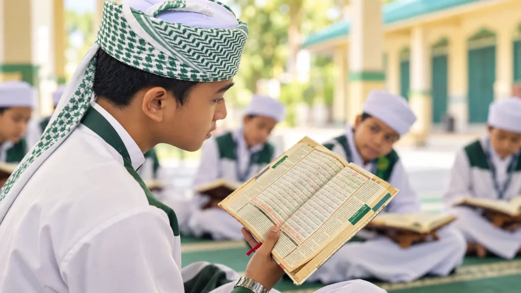 Pelajar tahfiz membaca dan menghafaz Al-Quran bersama rakan-rakan