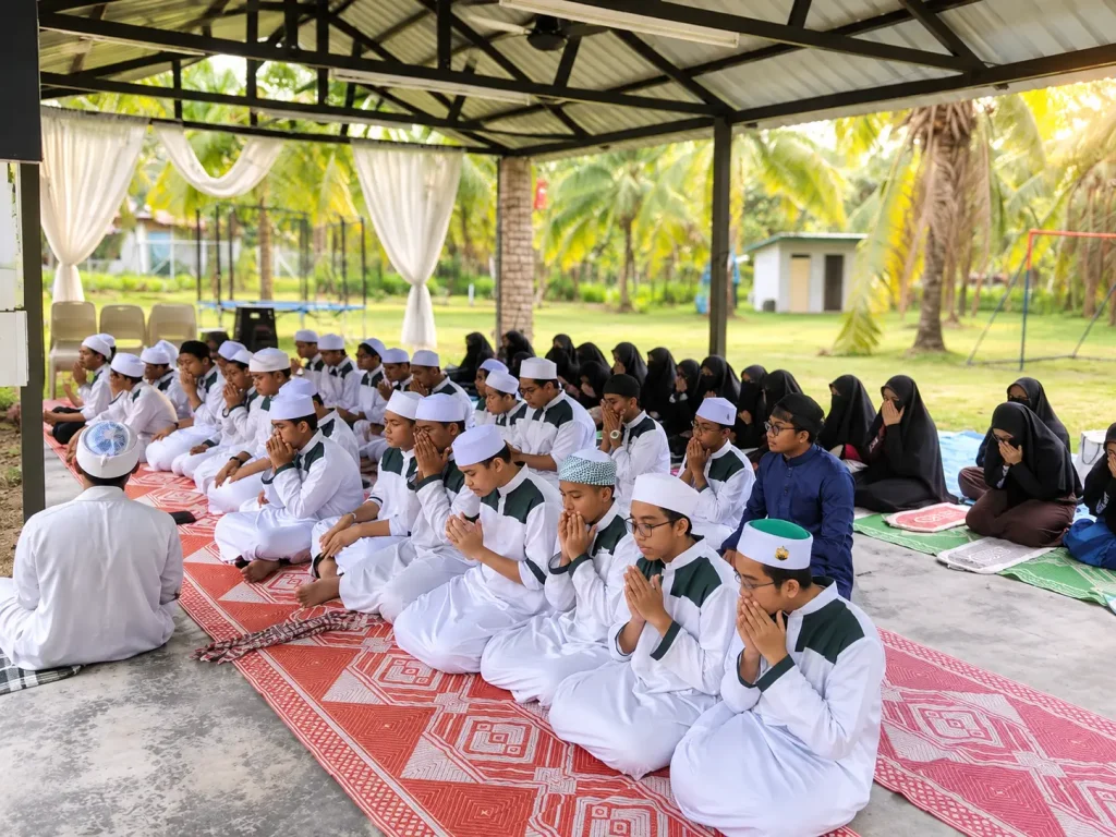 Pelajar tahfiz lelaki dan perempuan berdoa bersama guru dalam suasana pembelajaran Islam